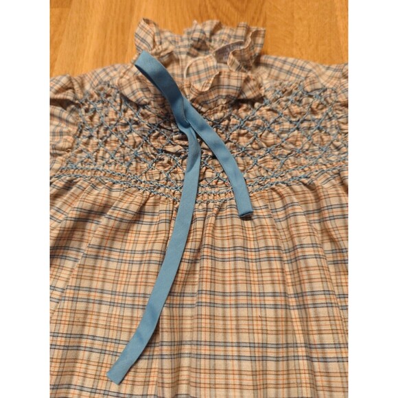 Polly Flinders Dress Girls 6 Tan Blue Plaid Hand Smocked Long Sleeve Vintage - Picture 4 of 9
